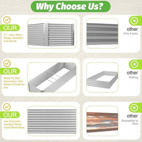 Comparison of two pack tall 8x4ft galvanized raised garden beds with other options, highlighting wave shape, sturdy connections, and rust resistance.