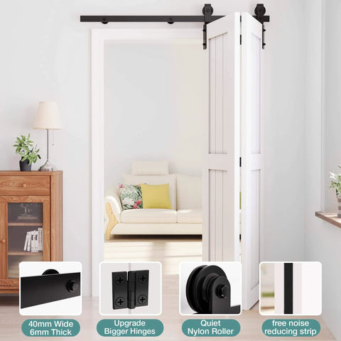 Carbon Steel Bifold Barn Door Hardware Kit For 32 Inch Closet Doors 3ft Track Smooth Quiet Black installed in room