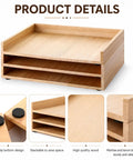 3 Pack Stackable Wood Letter Trays for A4 Paper Documents with anti-slip bottom, shown in high-quality wood.