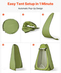 Step-by-step setup of Grab And Go Portable Camping Toilet Kit with Pop Up Privacy Tent, showcasing pop-up tent assembly.