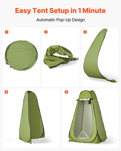 Step-by-step setup of Grab And Go Portable Camping Toilet Kit with Pop Up Privacy Tent, showcasing pop-up tent assembly.