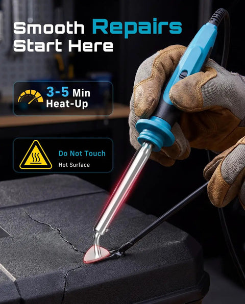 Gloved hand using Beefy 150W Plastic Welder Kit 2 In 1 Hot Stapler And Soldering Iron for plastic repair on cracked surface
