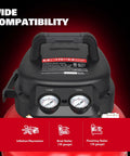 Top view of Oil Free 6 Gallon Pancake Air Compressor, 175 PSI Portable Little Powerhouse with dual gauges and compatibility icons.