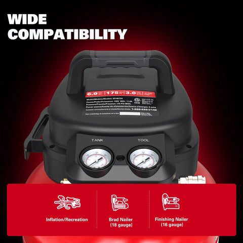 Top view of Oil Free 6 Gallon Pancake Air Compressor, 175 PSI Portable Little Powerhouse with dual gauges and compatibility icons.
