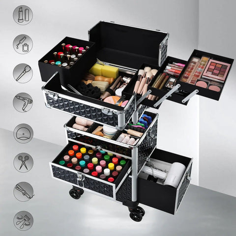 Rolling Makeup Case With Drawers For Tattoos And Nail Techs On The Go Tattoo Travel Cart Cosmetology Barber Tools Organizer Portable Suitcase With Detachable Top Case And Customizable Middle Tray Two Spacious Drawers