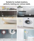 Smart WiFi Water Leak Detector With 100dB Alarm And App Alerts No Hub Needed, installed in various home locations such as under sinks and near washers.