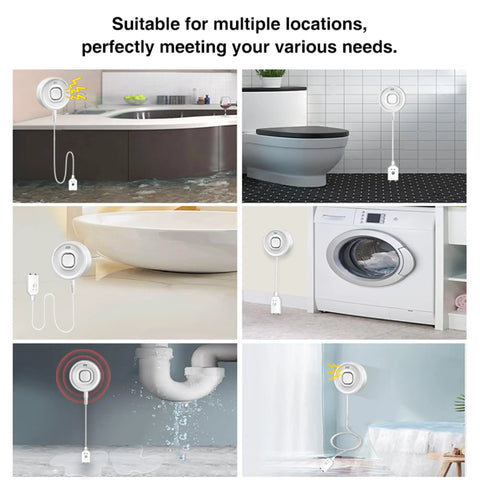 Smart WiFi Water Leak Detector With 100dB Alarm And App Alerts No Hub Needed, installed in various home locations such as under sinks and near washers.