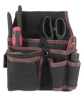 Top Shelf Electrician Tool Belt With Spacious Multi Pocket Waist Pouch, black fabric with tools organized in pockets.