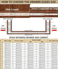 Diagram showing how to choose drawer slide size with measurements for Beefy 40 Inch Drawer Slides With 300 Pound Load Capacity.