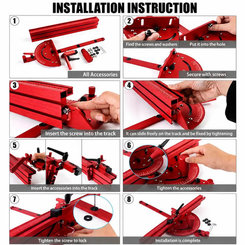 Installation instructions for Precision Adjustable Miter Gauge For Table Saw With Solid Aluminum Fence and Smooth Ball Bearing Slide.