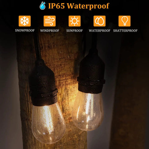 60 Foot Outdoor String Lights With Three Color In One Dimmable LED String Lights Remote Control Waterproof Patio Hanging Lights hanging against a wall