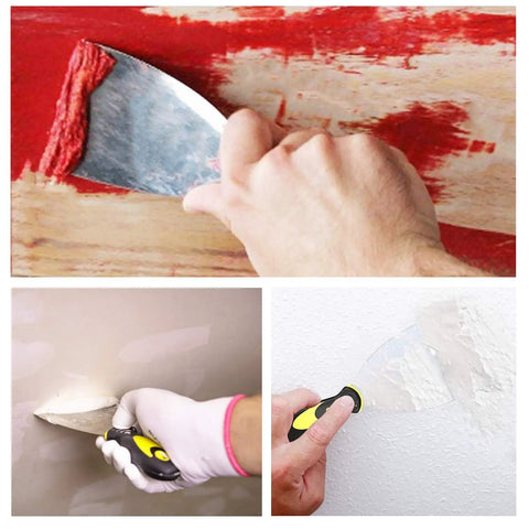 Putty Knife Set 4 Piece Pro Grade Scrapers used for spackling and wallpaper removal, demonstrating durable CRV alloy steel blades.