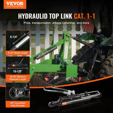 Heavy Duty Hydraulic Top Link For Cat 1 Tractors, Adjustable Length From Eighteen And One Eighth To Twenty Six And Three Eighths Inches, Eight And One Quarter Inch Stroke, Hydraulic Cylinder With Two Hoses And G Three Eighths Inch Check Valve in use