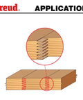 Illustration showing application of Finger Joint Router Bit With One And Three-Eighths Inch Diameter, Two Cutters, One-Half Inch Shank.