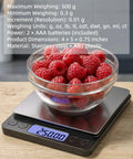 Digital Gram Scale 0.01g Precision Pocket Sized Kitchen Jewelry Scale 0.3g To 500g For Gold Coins Coffee Powder With 9 Units 2 Trays And 2 AAA Batteries Black Design with raspberries on display