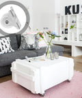 Ultra Silent 1 Inch PVC Swivel Caster Wheel for Furniture on a white coffee table in a cozy living room setting.
