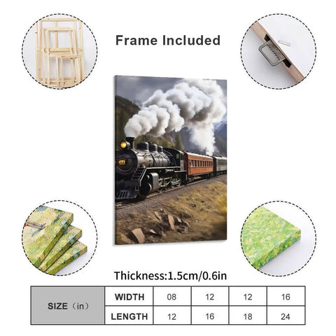 Dope Steam Locomotive Train Wall Art For Living Room And Office, Modern Canvas Print Framed Painting, Minimalist Abstract Steam Engine Artwork For Hallway Decor, Premium Quality 12x18 Inch displayed with construction materials and dimensions.