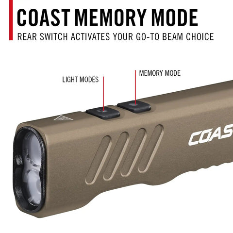 Close-up of Slayer 1150 Lumen USB C Rechargeable LED Flashlight showing dual light mode buttons and dune finish.