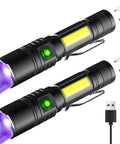 Two USB Rechargeable UV Flashlight 395nm Blacklight With 7 Modes, Zoomable Beam, showcasing magnetic tips and USB charging cable.
