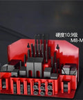 58 Piece Milling Machine Clamping Kit With M12 Universal Fixture Screws And Pressure Plate Set organized on red rack