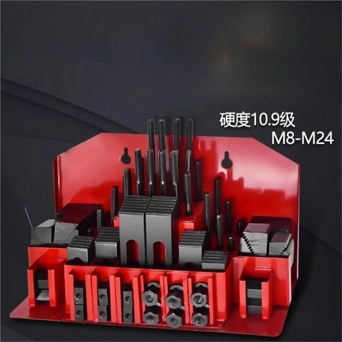 58 Piece Milling Machine Clamping Kit With M12 Universal Fixture Screws And Pressure Plate Set organized on red rack