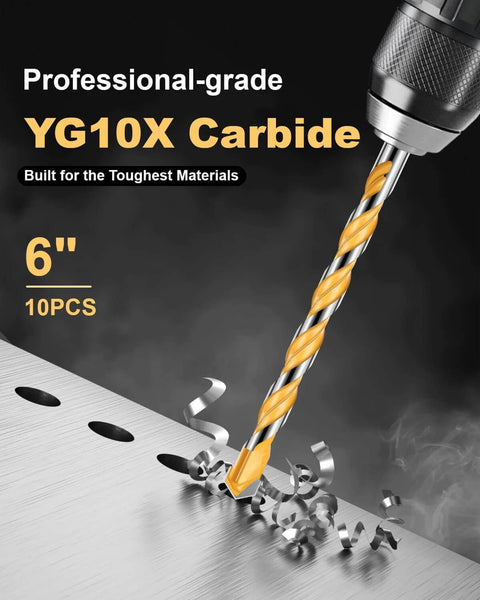 Faqeegi 6-inch masonry drill bit set, 10pcs, YG10X carbide tipped, hex shank, Amazon brand