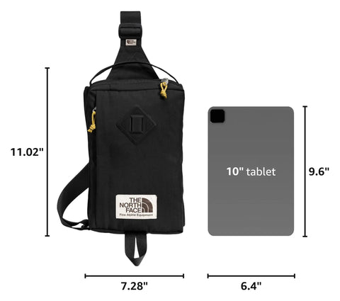 Berkeley Field Bag Water Repellent Finish vintage style travel sling next to 10" tablet for size comparison.