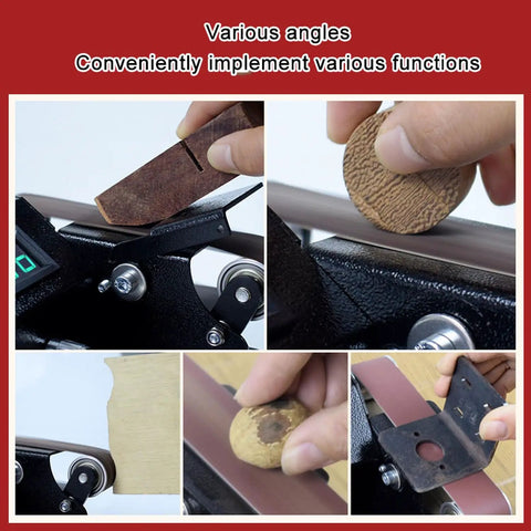 Heavy Duty 13000Rpm Desktop Belt Sander And Smart Knife Sharpener showing various angles of knife sharpening and wood polishing.