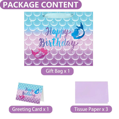 Package of Mermaid Themed Birthday Gift Bag Set For Kids With Tissue Paper And Greeting Card 13 Inch Large Gift Bag