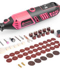 Rock Solid Corded Rotary Tool Kit With 180 Watt Motor Variable 8000 To 35000 Rpm Six Speed Controls And A Knockout 61 Pc Accessory Set components arranged neatly.