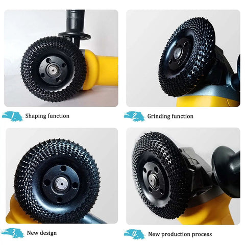 4 Inch Wood Shaping Wheel for Angle Grinders With 5/8 Inch Arbor and 7/8 Inch Conversion Ring Included shown in use