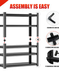 Heavy Duty Five Shelf Metal Garage Storage Rack 48W 24D 72H For Tools And Gear, Built Like A Tank Steel Shelving Unit, Tough As Nails, Easy Assembly, Perfect For Workshop And Garage Organization; black steel frame with connectors