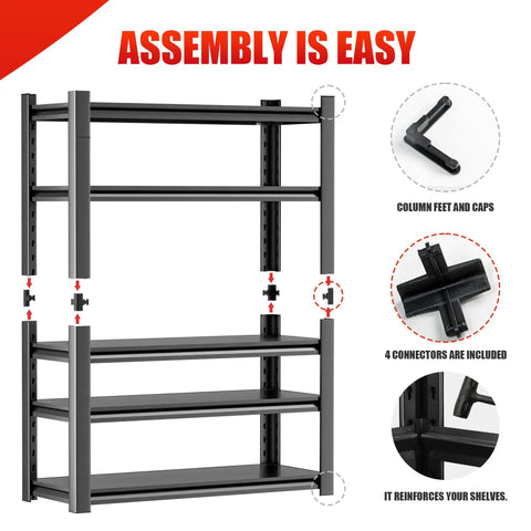 Heavy Duty Five Shelf Metal Garage Storage Rack 48W 24D 72H For Tools And Gear, Built Like A Tank Steel Shelving Unit, Tough As Nails, Easy Assembly, Perfect For Workshop And Garage Organization; black steel frame with connectors