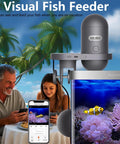 Slick WiFi Automatic Fish Feeder With 2.5K HD Camera Smart App Control And Vacation Timer mounted on an aquarium with users.