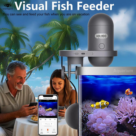 Slick WiFi Automatic Fish Feeder With 2.5K HD Camera Smart App Control And Vacation Timer mounted on an aquarium with users.