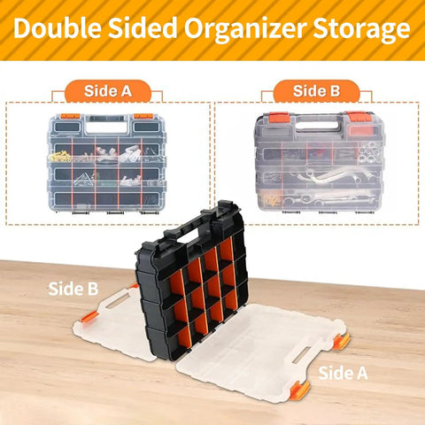 34 Compartment Small Parts Organizer With Double Sided Storage, Adjustable Dividers, Durable Plastic Box displayed open