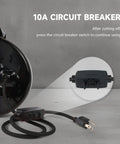 Close-up of 10A circuit breaker on Go To 30 Ft Retractable Extension Cord Reel with 16/3 SJTW Power Cord, UL Listed.