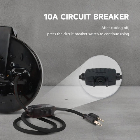 Close-up of 10A circuit breaker on Go To 30 Ft Retractable Extension Cord Reel with 16/3 SJTW Power Cord, UL Listed.