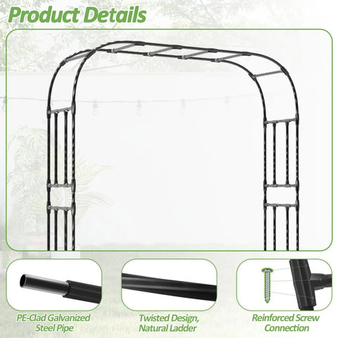 Heavy Duty Rust Proof Iron Garden Arch Trellis For Climbing Plants Outdoor Use With 20mm Thick Tubing Galvanized Steel And PE Coating Built To Last Backyard Patio Lawn Arbor Archway For Weddings And Decor showing design details and material.