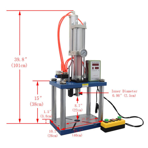 The Workshop Beast Heavy Duty Pneumatic Punch Press Machine With Adjustable Cylinder Stroke And Digital Controls For Tough Metal Fabrication Jobs 110V with measurements and details.