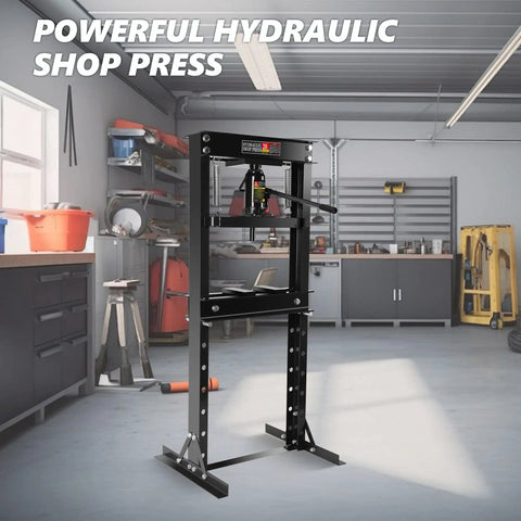 Hardcore 20 Ton Hydraulic Shop Press With H Frame Rig And Stamping Plates for metal bending in garage setup.