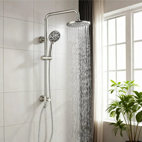 Retrofit Rain Shower System With 8 Inch Rainfall Shower Head, 5-Setting Handheld Spray, Slide Bar, Wall Mount, Brushed Nickel Finish