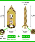 Self Drilling Drywall Anchors Kit With Zinc Screws, 200 Piece Set, includes 100 steel anchors 0.47x1.18 inch and 100 zinc screws shown.