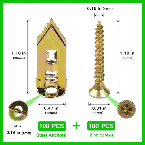 Self Drilling Drywall Anchors Kit With Zinc Screws, 200 Piece Set, includes 100 steel anchors 0.47x1.18 inch and 100 zinc screws shown.