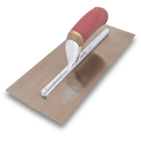 PermaShape Finishing Trowel 12 X 5 Inch with DuraSoft handle, golden stainless steel blade, angled view showing broken-in edge