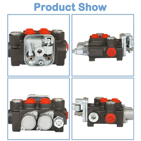 Hydraulic directional control valve, 2-spool, black body with red SAE port plugs; four-view collage.
