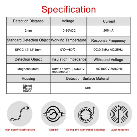 Specification sheet for M12 Inductive Proximity Sensor Switch PR12-2DO showing voltage, current, and detection capabilities.