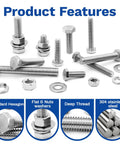 Garage Grade Hex Bolt And Nut Assortment Kit 292 Piece Metric Hardware Set With Flat And Spring Washers showcasing stainless steel bolts and nuts.