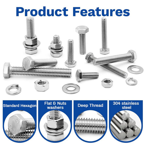 Garage Grade Hex Bolt And Nut Assortment Kit 292 Piece Metric Hardware Set With Flat And Spring Washers showcasing stainless steel bolts and nuts.