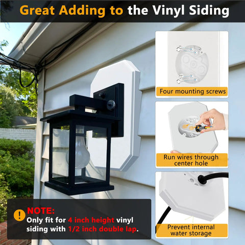 Outdoor Light Mounting Block Kit With Built In Electrical Box For Siding Four Inch By One Half Inch Lap Siding installed on white vinyl siding with mounted lantern